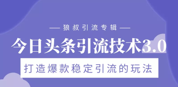 狼叔今日头条引流技术3.0，打造爆款稳定引流的玩法，VLOG引流技术-赚钱驿站