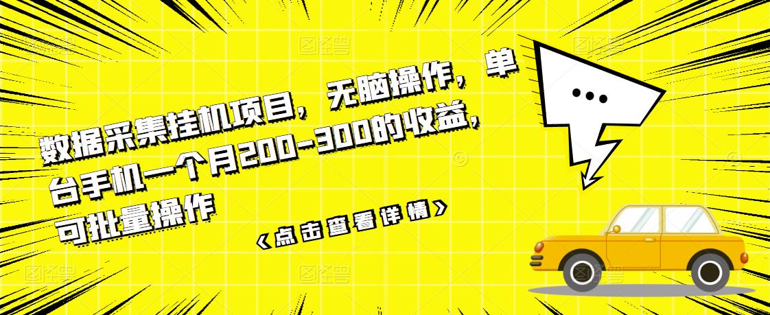 数据采集挂机项目，无脑操作，单台手机一个月200-300的收益，可批量操作-赚钱驿站