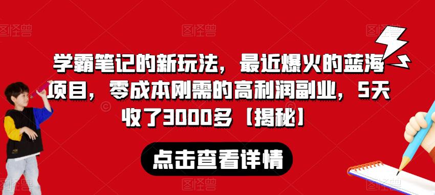 学霸笔记的新玩法，最近爆火的蓝海项目，零成本刚需的高利润副业，5天收了3000多【揭秘】-赚钱驿站