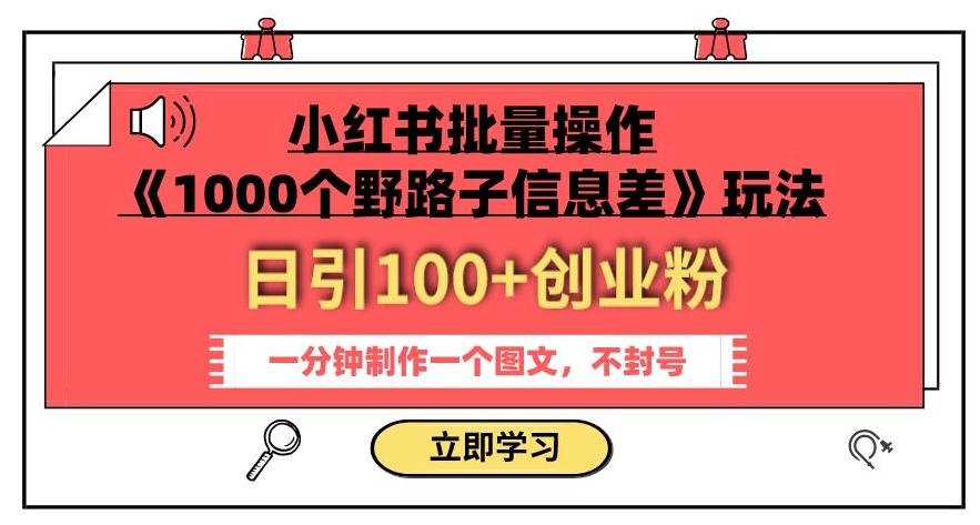 小红书批量操作《1000个野路子信息差》玩法，一分钟制作一个图文，不封号，日引100+创业粉-赚钱驿站