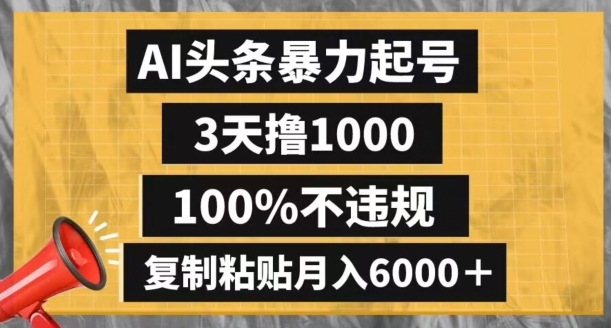 AI头条暴力起号，3天撸1000,100%不违规，复制粘贴月入6000＋【揭秘】-赚钱驿站