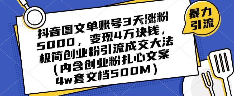 抖音图文单账号3天涨粉5000，变现4万块钱，极简创业粉引流成交大法-赚钱驿站