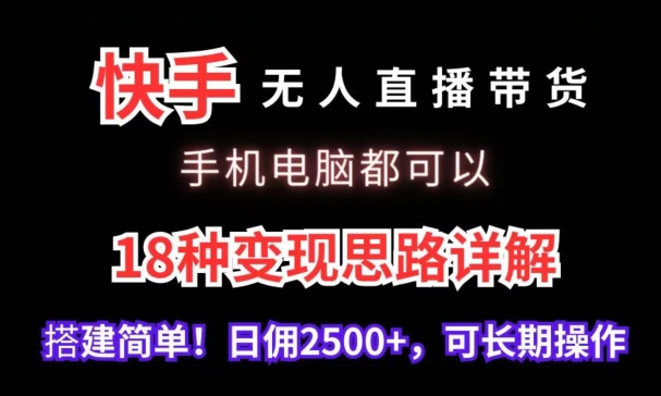 快手无人直播带货，手机电脑都可以，18种变现思路详解，搭建简单日佣2500+【揭秘】-赚钱驿站