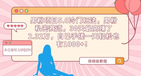 男粉项目5.0冷门玩法，男粉私密赛道，30天最高赚了2.32万，自己手搓一天轻松也有1000+【揭秘】-赚钱驿站