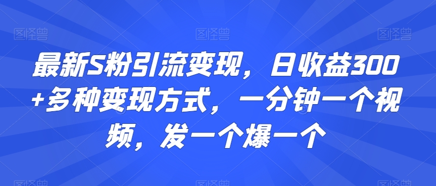 最新S粉引流变现，日收益300+多种变现方式，一分钟一个视频，发一个爆一个【揭秘】-赚钱驿站