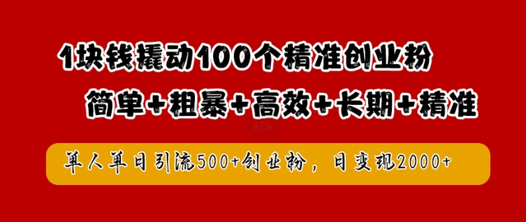 1块钱撬动100个精准创业粉，简单粗暴高效长期精准，单人单日引流500+创业粉，日变现2k【揭秘】-赚钱驿站