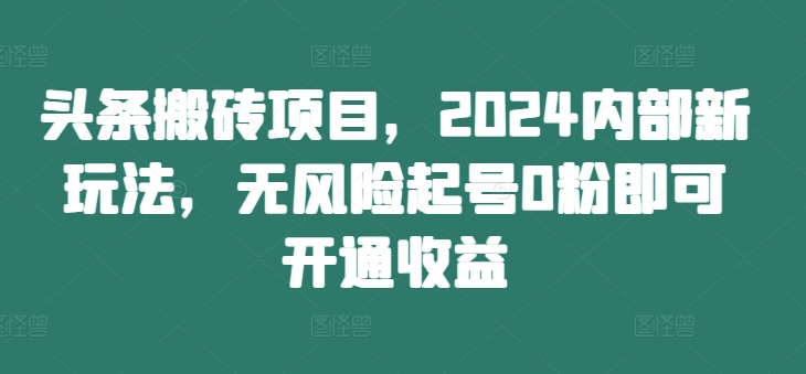 头条搬砖项目，2024内部新玩法，无风险起号0粉即可开通收益-赚钱驿站