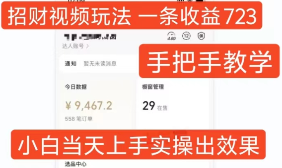 招财视频玩法，一条视频收益723，手把手教学，小白当天可上手-赚钱驿站