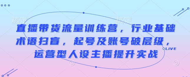 直播带货流量训练营，行业基础术语扫盲，起号及账号破层级，运营型人设主播提升实战-赚钱驿站